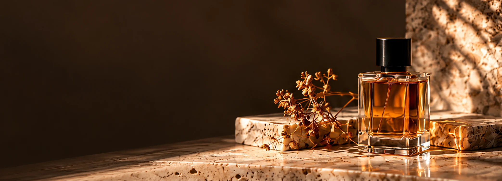 Amber fragrance bottle on sunlit stone