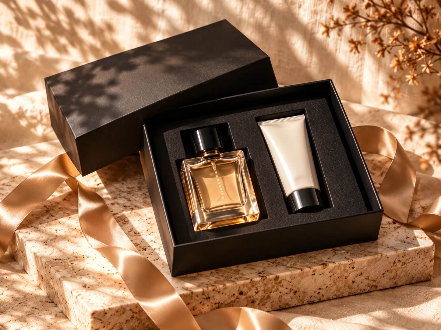 Open fragrance gift box with perfume and accompanying products