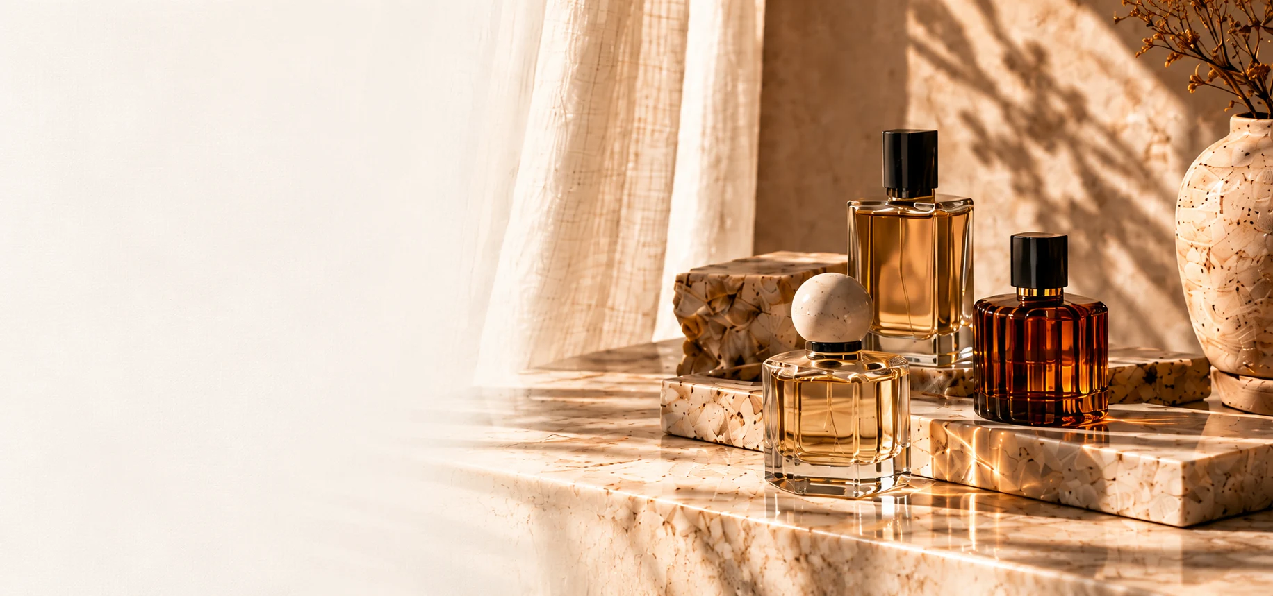 Amber perfume bottles on warm travertine beside ivory linen