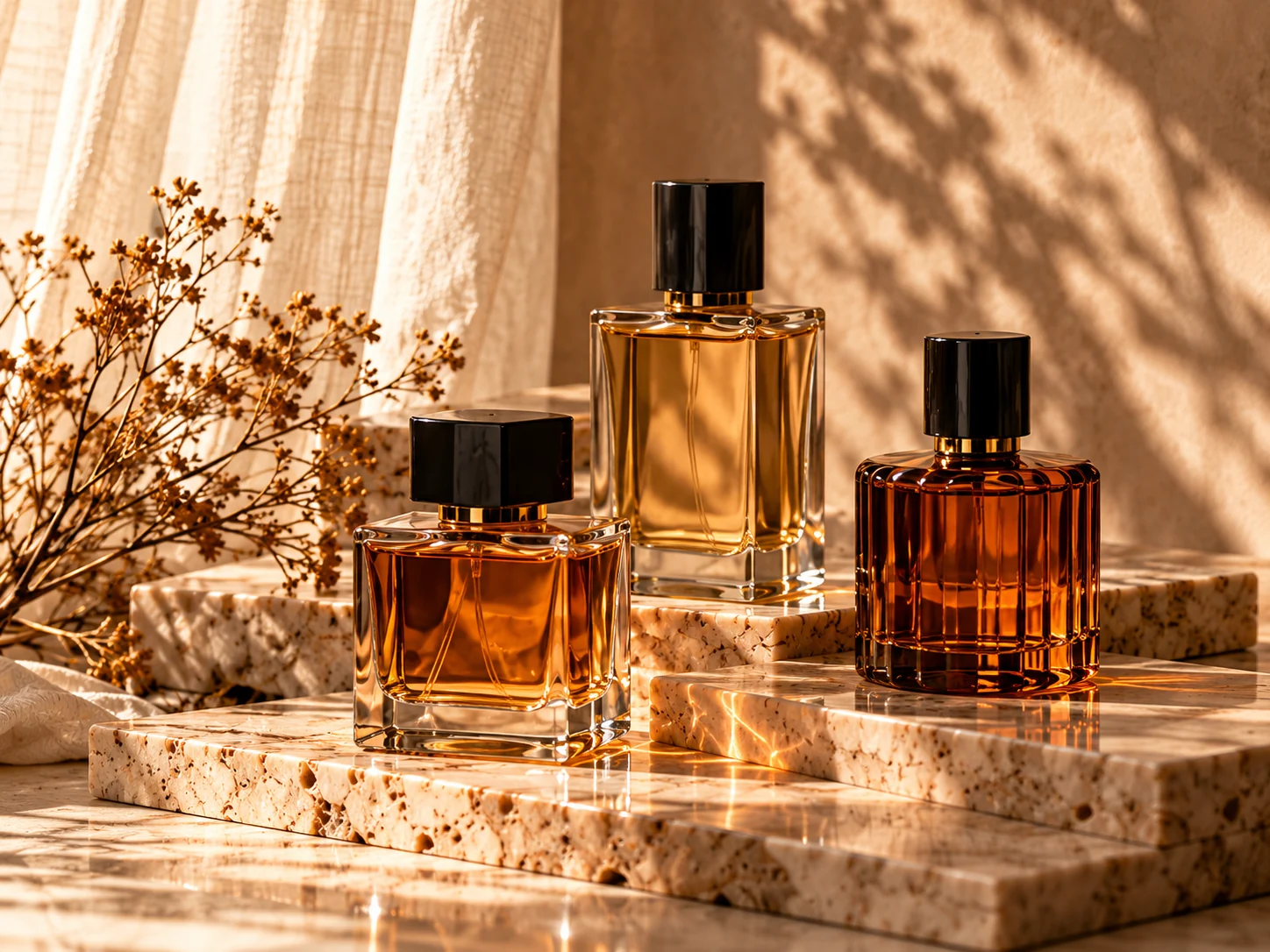 Amber niche fragrance bottles arranged on travertine
