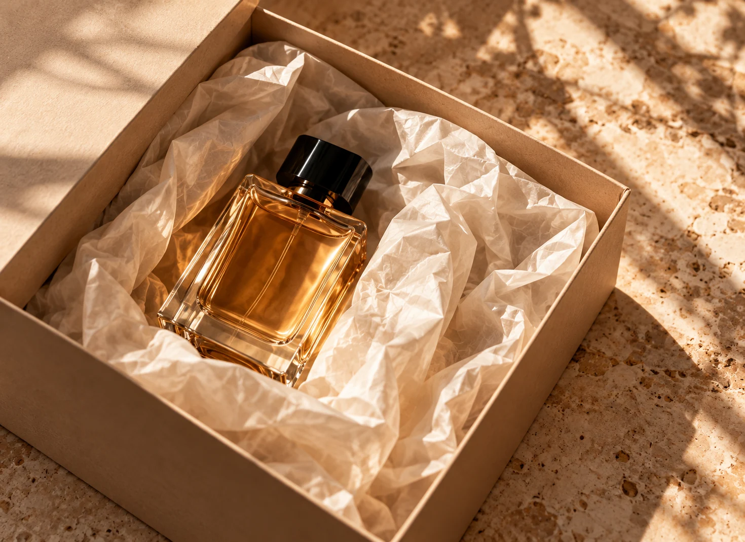 Perfume carefully nestled in tissue inside an open box