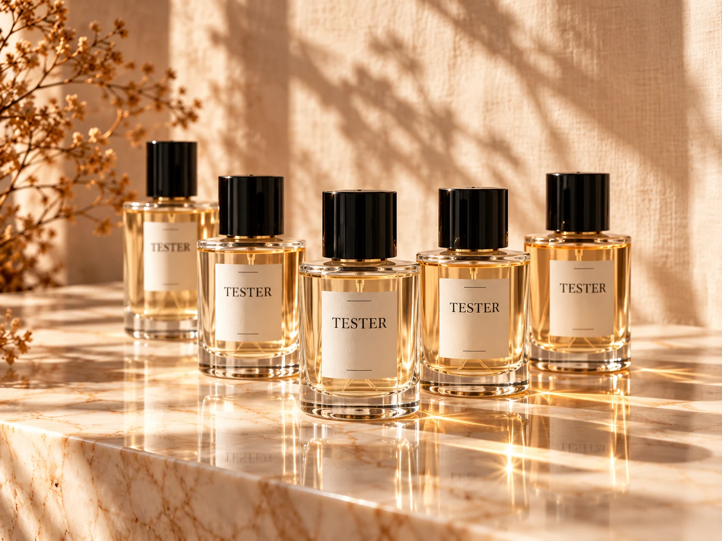 Clear fragrance tester bottles with black caps